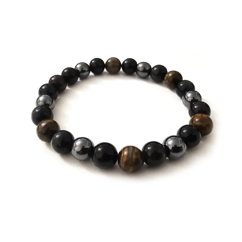 Pulseira de Hematite, Obsidiana e Olho de Tigre Rolada